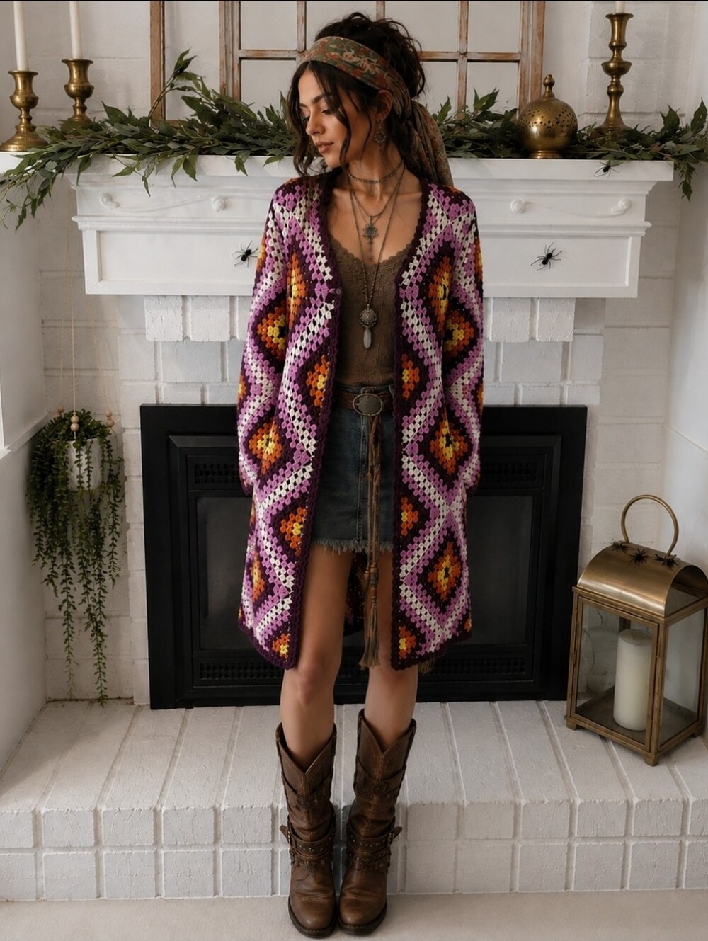 Crochet Multi Color Granny Square Eclectic Retro Duster Cardigan Size XS
